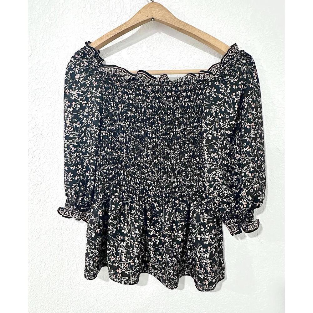 Max Studio Womens Crop Top Blouse Flowy Sleeves Black and Pink Floral Size S